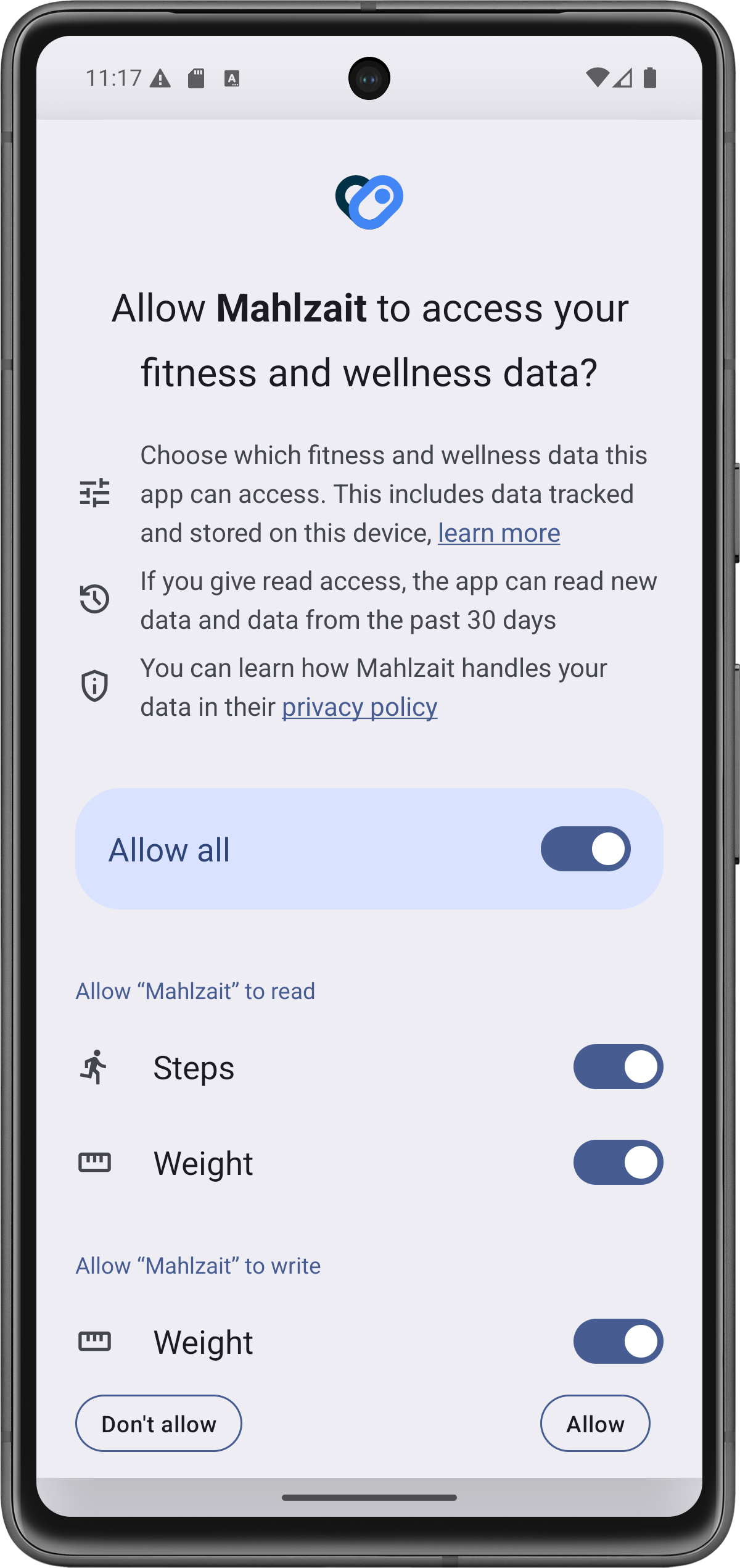 Health-Integration - Mahlzait App Ansicht