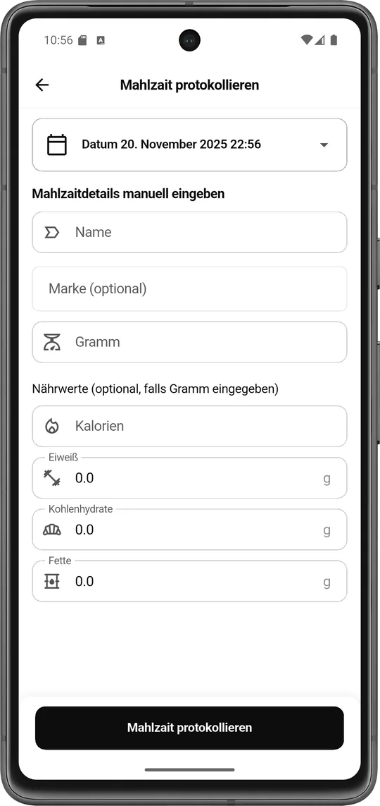 Manuelle Eingabe - Mahlzait App Ansicht