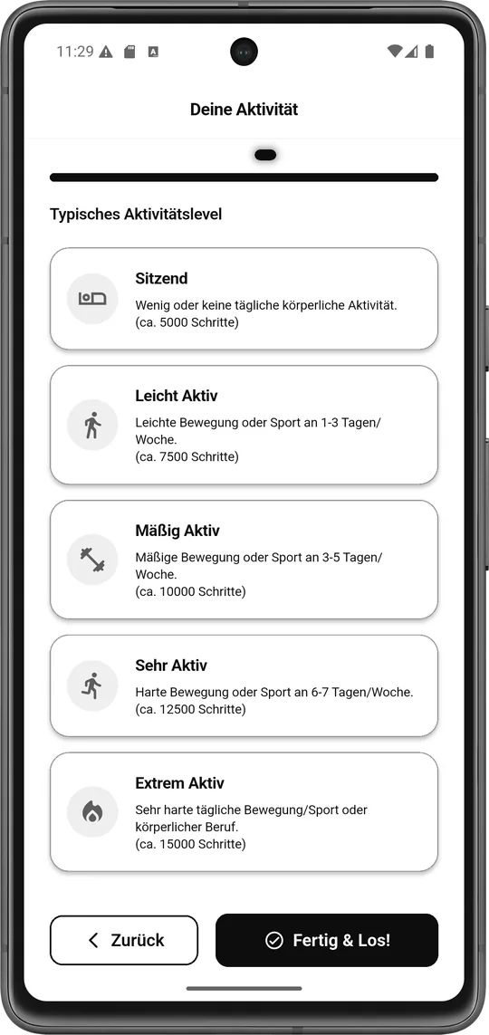 Schritt 3: Aktivitätslevel auswählen - Mahlzait Anleitung