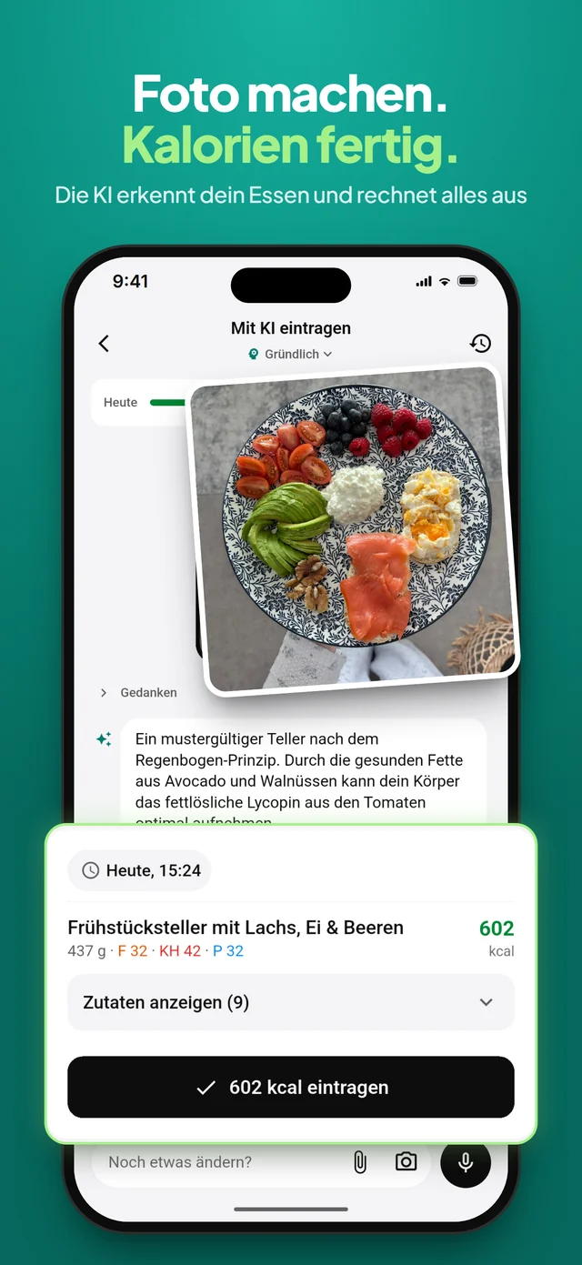 Ein fotografierter Frühstücksteller mit Lachs, Ei und Beeren, von der KI mit 602 kcal erkannt