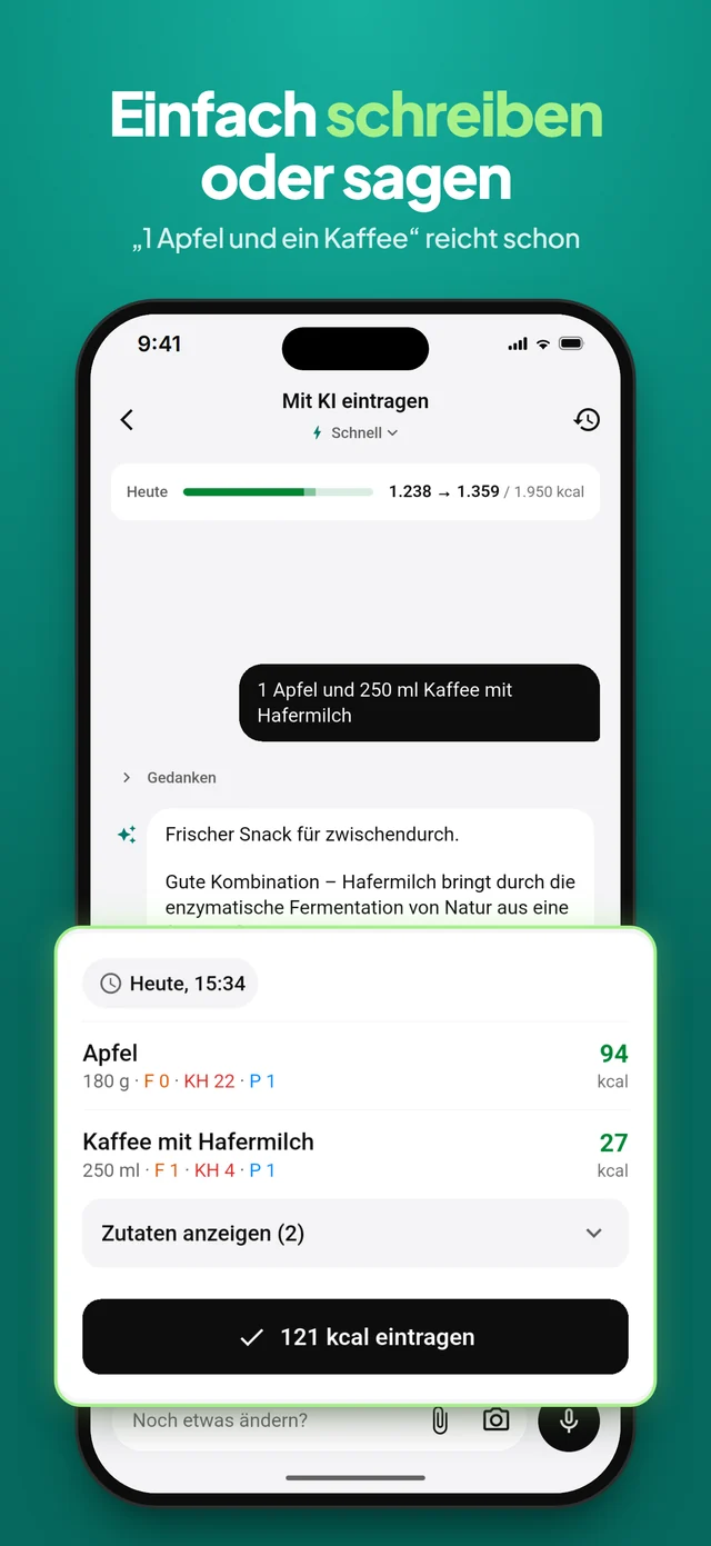 Per Text eingetragen: 1 Apfel und 250 ml Kaffee mit Hafermilch, zusammen 121 kcal