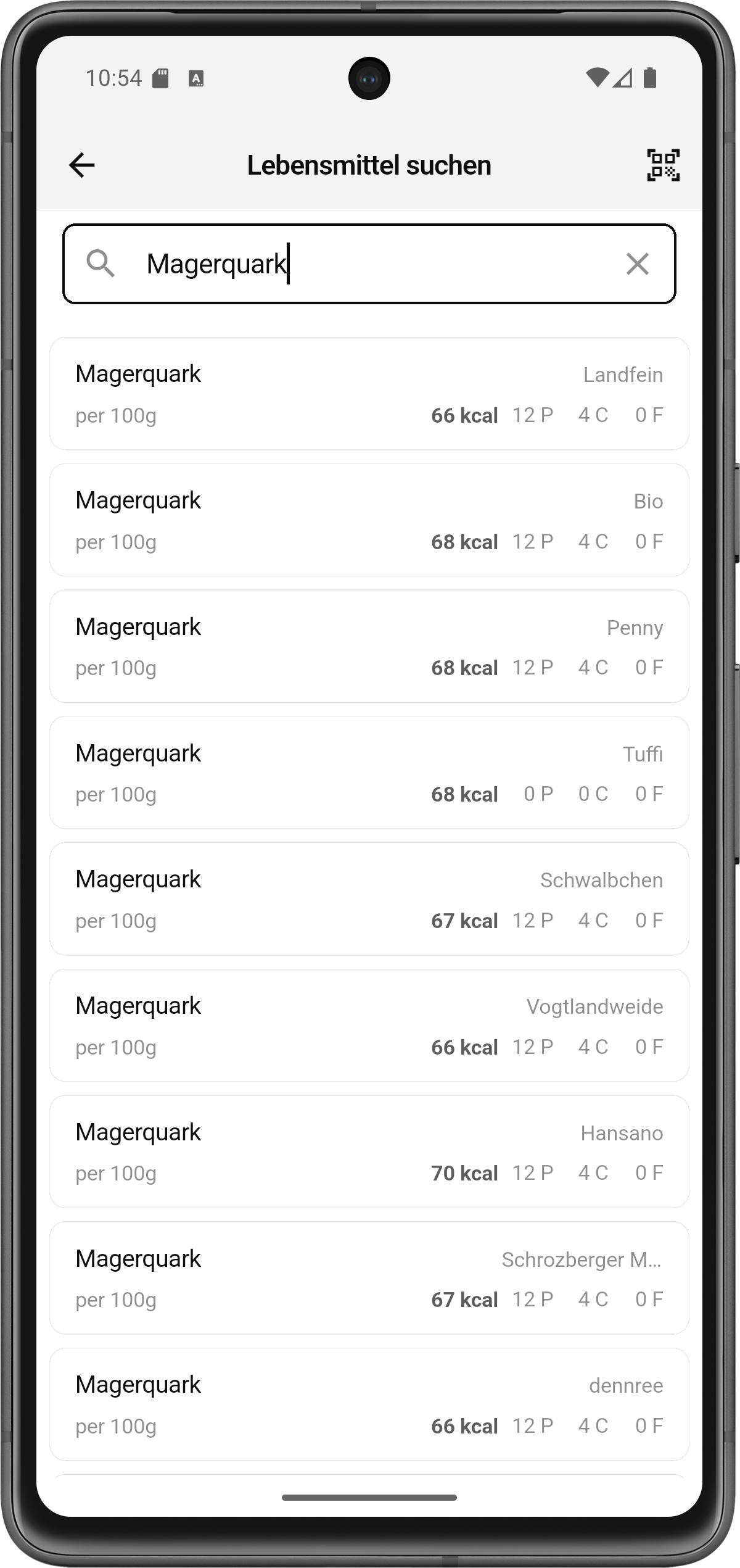 Lebensmittel-Suche - Mahlzait App Ansicht